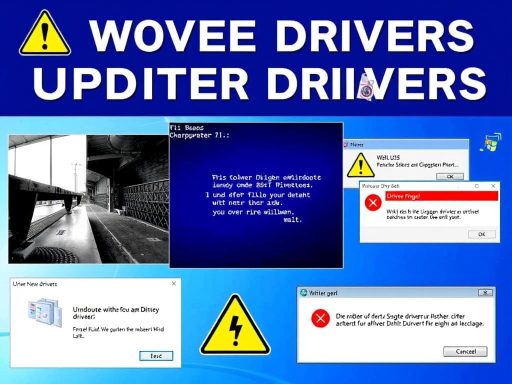 Warnzeichen für veraltete Treiber mit visuellen Indikatoren wie Bluescreen und Grafikfehlern Warnzeichen für veraltete Treiber mit visuellen Indikatoren wie Bluescreen und Grafikfehlern