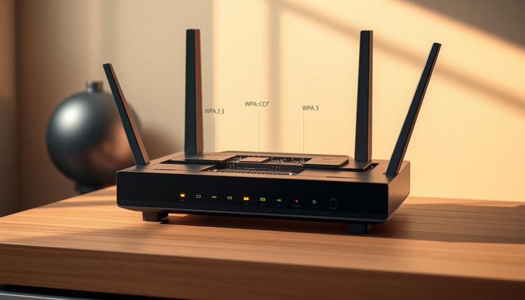 Photorealistic illustration of WLAN security standards. A modern wireless router sits on a wooden desk, its indicator lights glowing softly. Detailed cutaway view showcases the internal components and circuitry responsible for encryption, authentication, and security protocols like WPA2-CCMP and WPA3. Warm, natural lighting casts subtle shadows, highlighting the sleek, minimalist design. The scene conveys a sense of technical complexity and robust security, reflecting the article's focus on WLAN security comparisons.