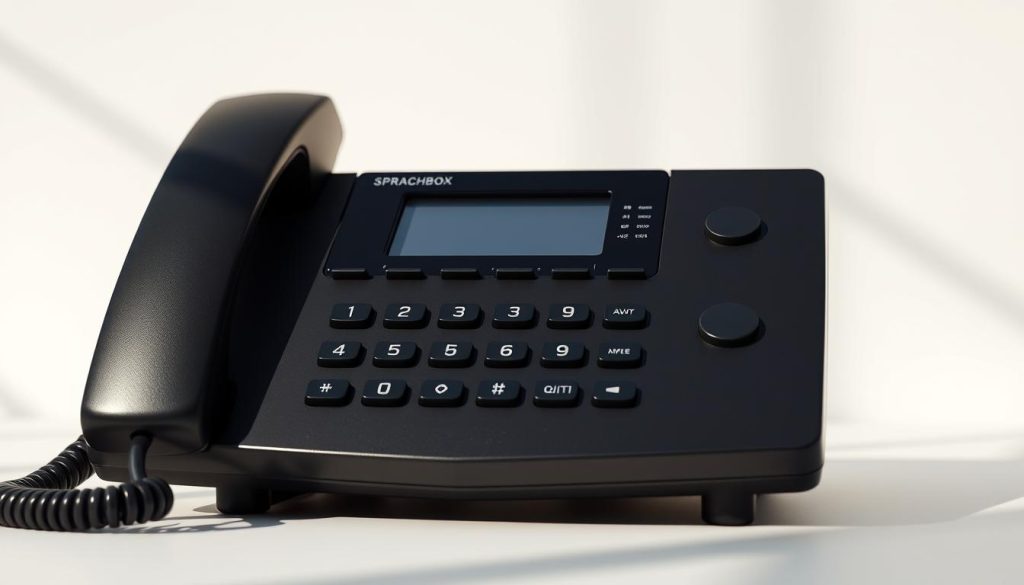 Photorealistic image of a sleek, modern black telephone with a digital display. The telephone is positioned prominently in the foreground, with a clean, minimalist background. Natural lighting casts subtle shadows, giving the scene a sense of depth and realism. The telephone's matte finish and smooth lines suggest high-quality construction, inviting the viewer to interact with the device. Subtle imperfections, such as micro-scratches and fingerprints, add to the authentic, tangible feel of the object. The overall composition draws the eye directly to the telephone, creating a clear focal point that effectively communicates the subject of "Sprachbox anrufen".