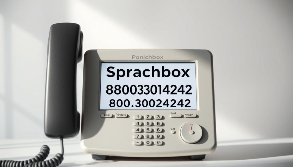 Photorealistic image of a telephone with a "Sprachbox ausschalten 080033024242" label displayed on the screen. The telephone is set against a plain, minimalist background with natural lighting, captured using a DSLR 85mm lens. The image showcases the telephone's realistic imperfections, creating a visually compelling and authentic representation of the subject matter. The overall mood is one of simplicity and focus, allowing the "Sprachbox ausschalten 080033024242" label to be the central point of interest.