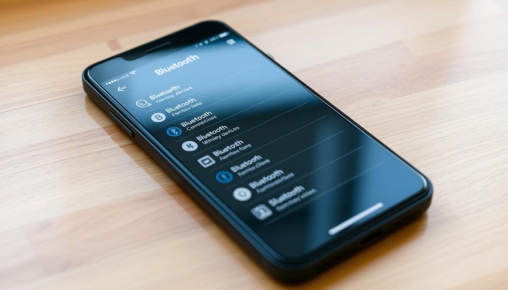 Photorealistic scene of a smartphone display showing a list of connected Bluetooth devices. The device is resting on a wooden table, with a clean, minimal background. Natural lighting illuminates the screen, revealing detailed icons and text representing the Bluetooth connections. The display has a crisp, high-resolution appearance, showcasing the device's settings menu. The scene conveys a sense of organization and control over the user's connected smart home and wireless peripherals.